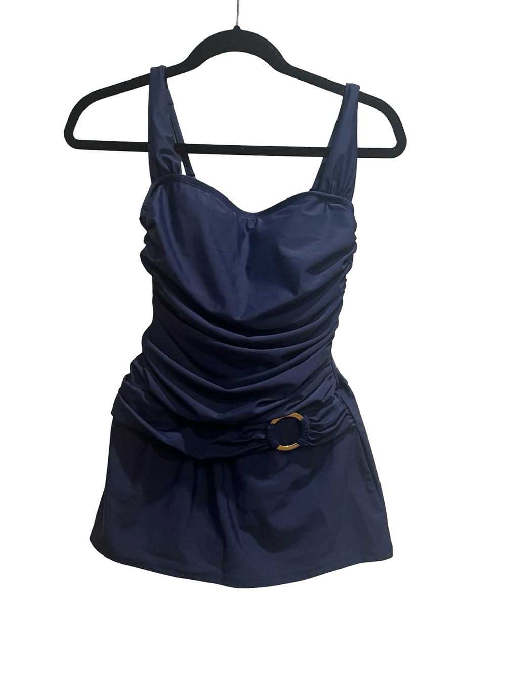 NWT Into the Bleu Navy  Ruched One-Piece Swim-dress with Belt Accent
